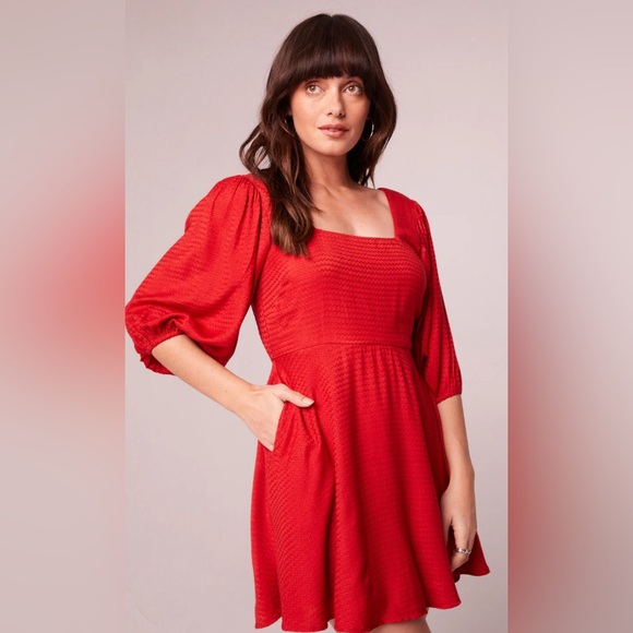JOSETTE RED PUFF SLEEVE MINI DRESS - Picture 2 of 4